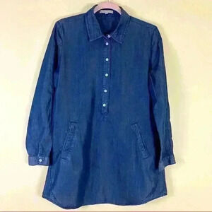 Joan Vass Dark Wash Blue Denim Chambray 1/2 Button Mini Dress Blouse Size S